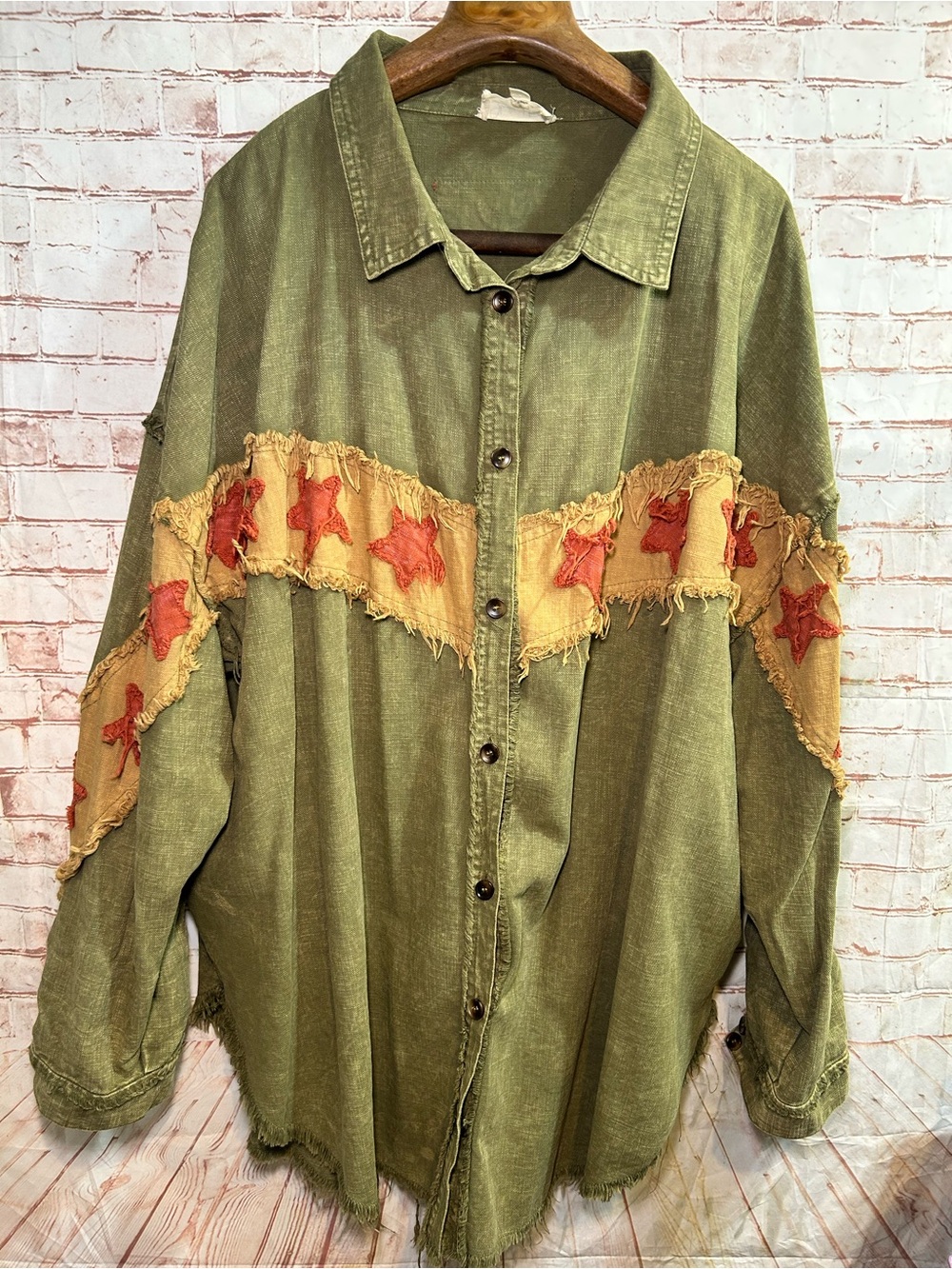Oli & Hali Embroidered Star Shacket Olive Green Boho Oversized Tunic Button Up - Picture 3 of 9